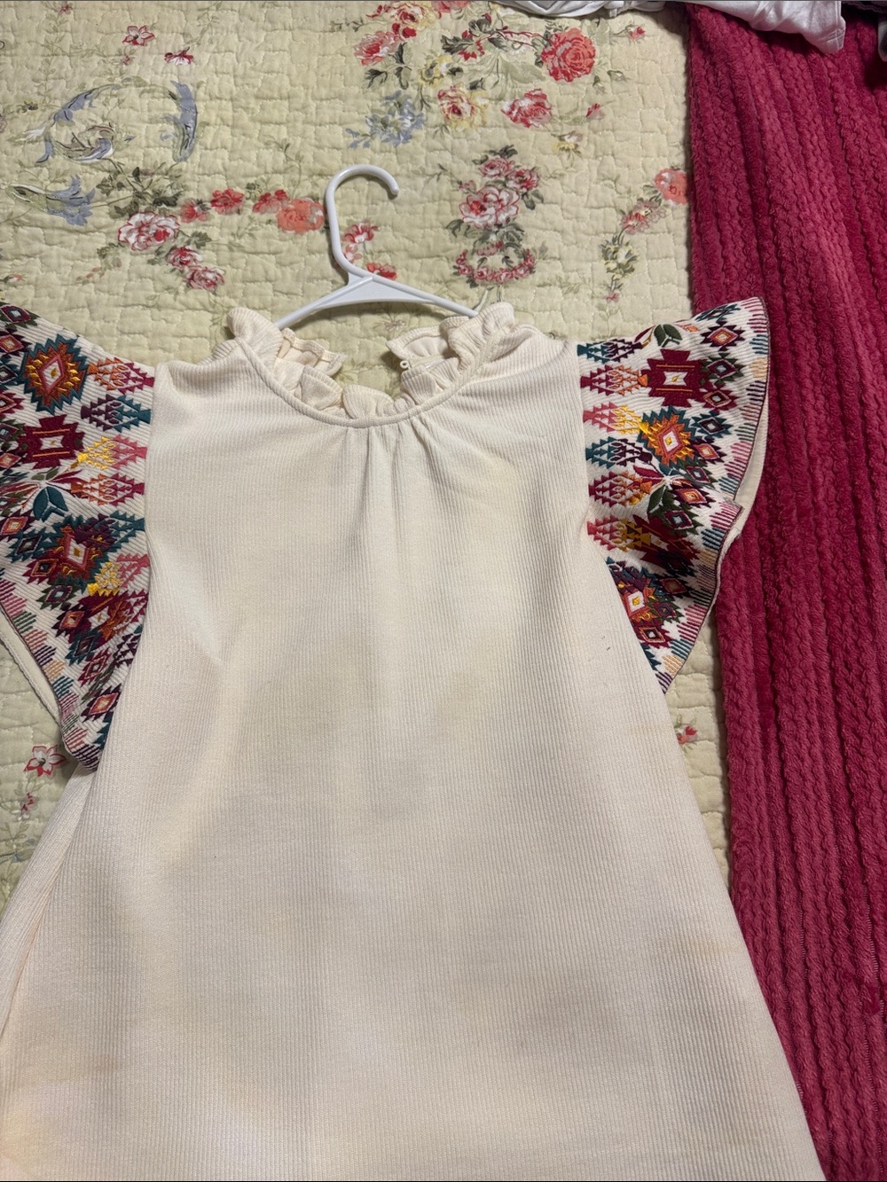 THML Cream Ruffle Neck Top with Embroidered Flutter Sleeves